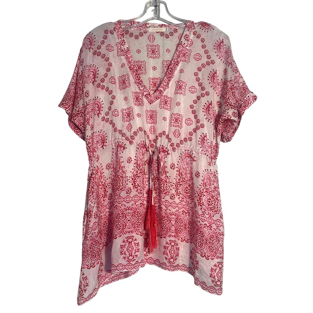 Johnny Was 100% Silk Pink Paisley Tassel Tunic Top, Boho, Oversized Small, flaws